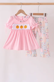 Pink Pumpkin Embroidery Ruffle Pants Set