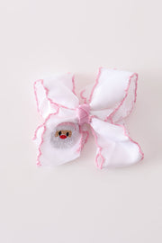 Pink Santa Claus Embroidery Crochet Edge Hair Bow