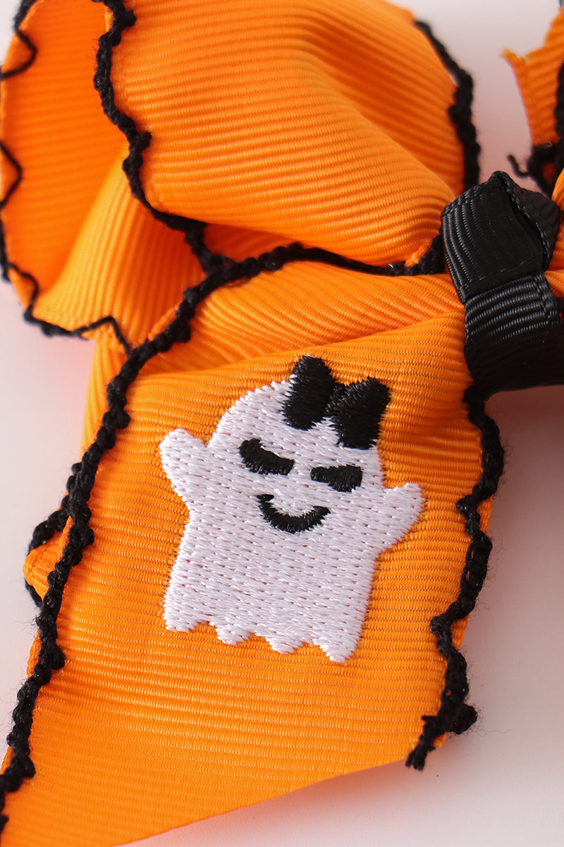 Orange Ghost Embroidery Crochet Edge Hair Bow
