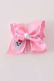 Pink Ghost Embroidery Crochet Edge Hair Bow