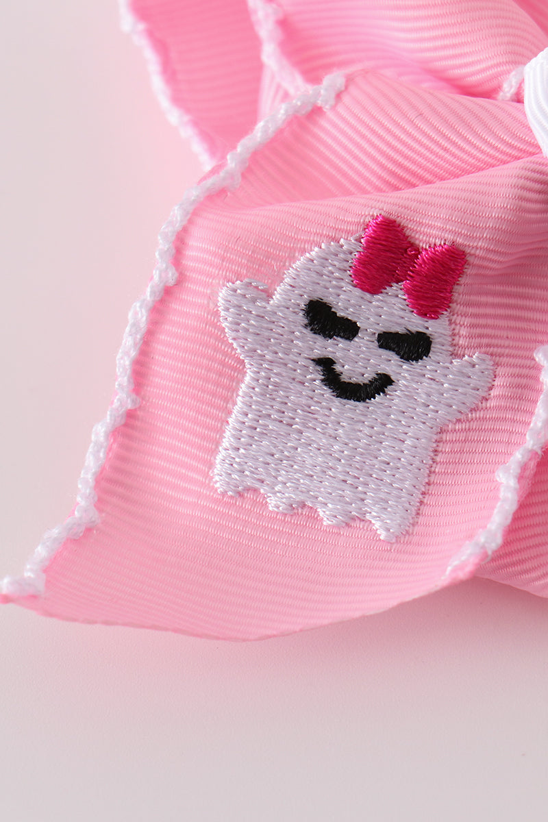 Pink Ghost Embroidery Crochet Edge Hair Bow