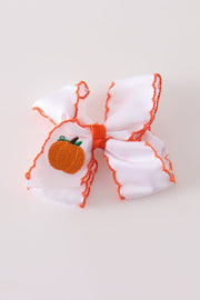 Orange Pumpkin Embroidery Crochet Edge Hair Bow
