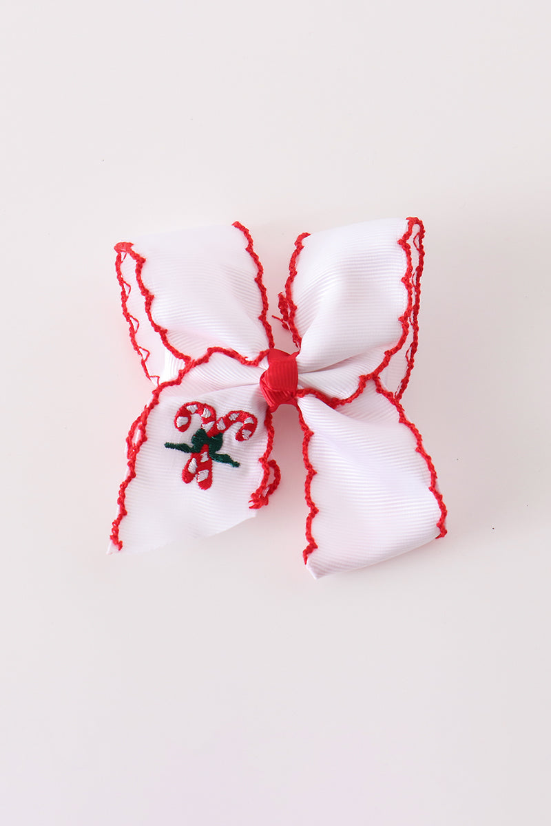 Red Candy Cane Embroidery Crochet Edge Hair Bow