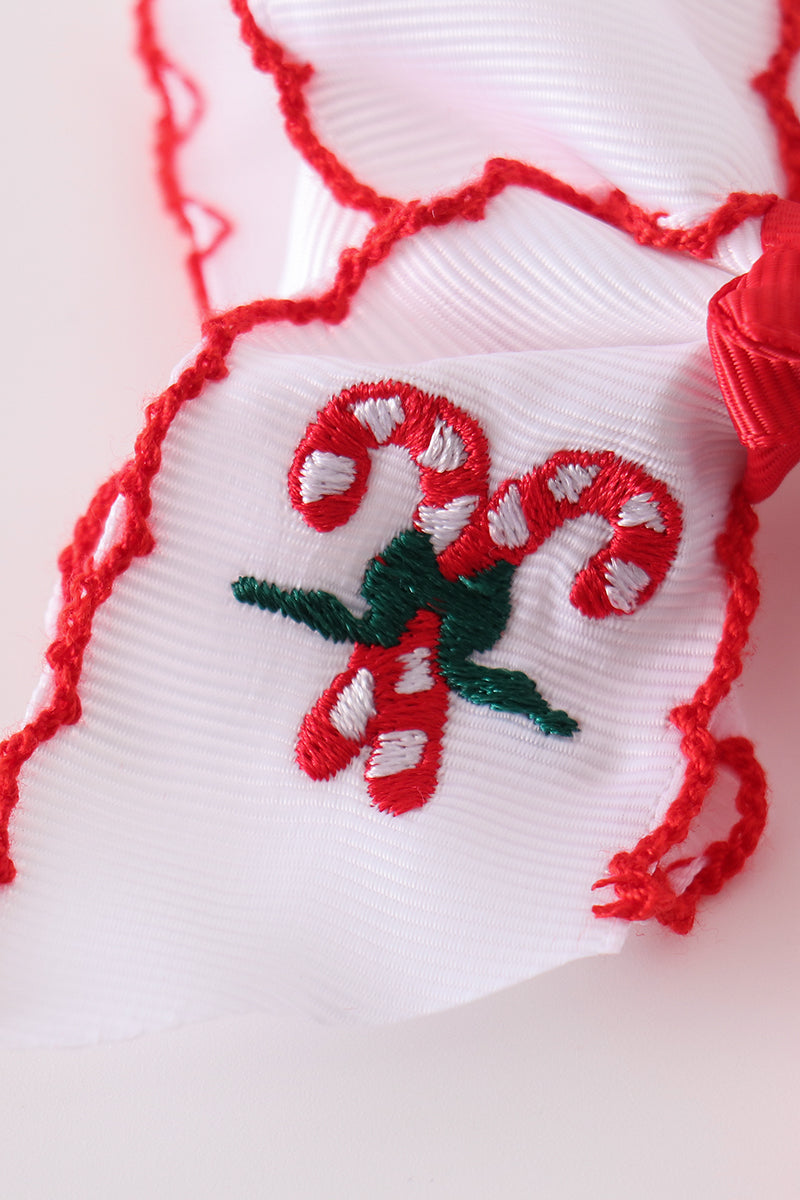 Red Candy Cane Embroidery Crochet Edge Hair Bow