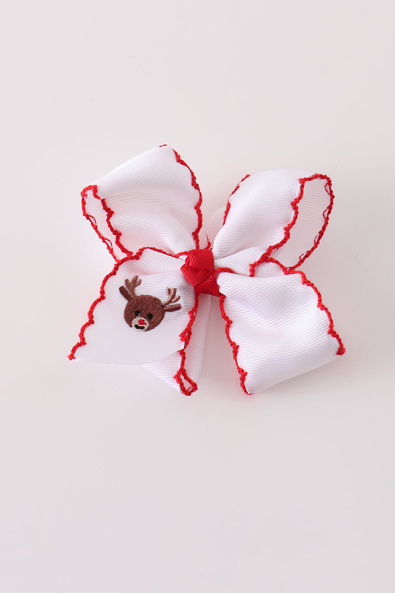 Red Reindeer Embroidery Crochet Edge Hair Bow