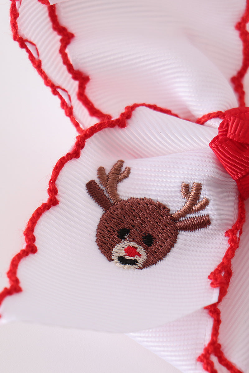 Red Reindeer Embroidery Crochet Edge Hair Bow