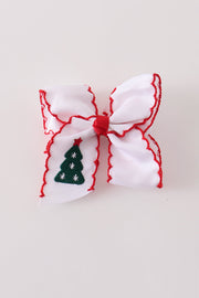 Red Christmas Tree Embroidery Crochet Edge Hair Bow