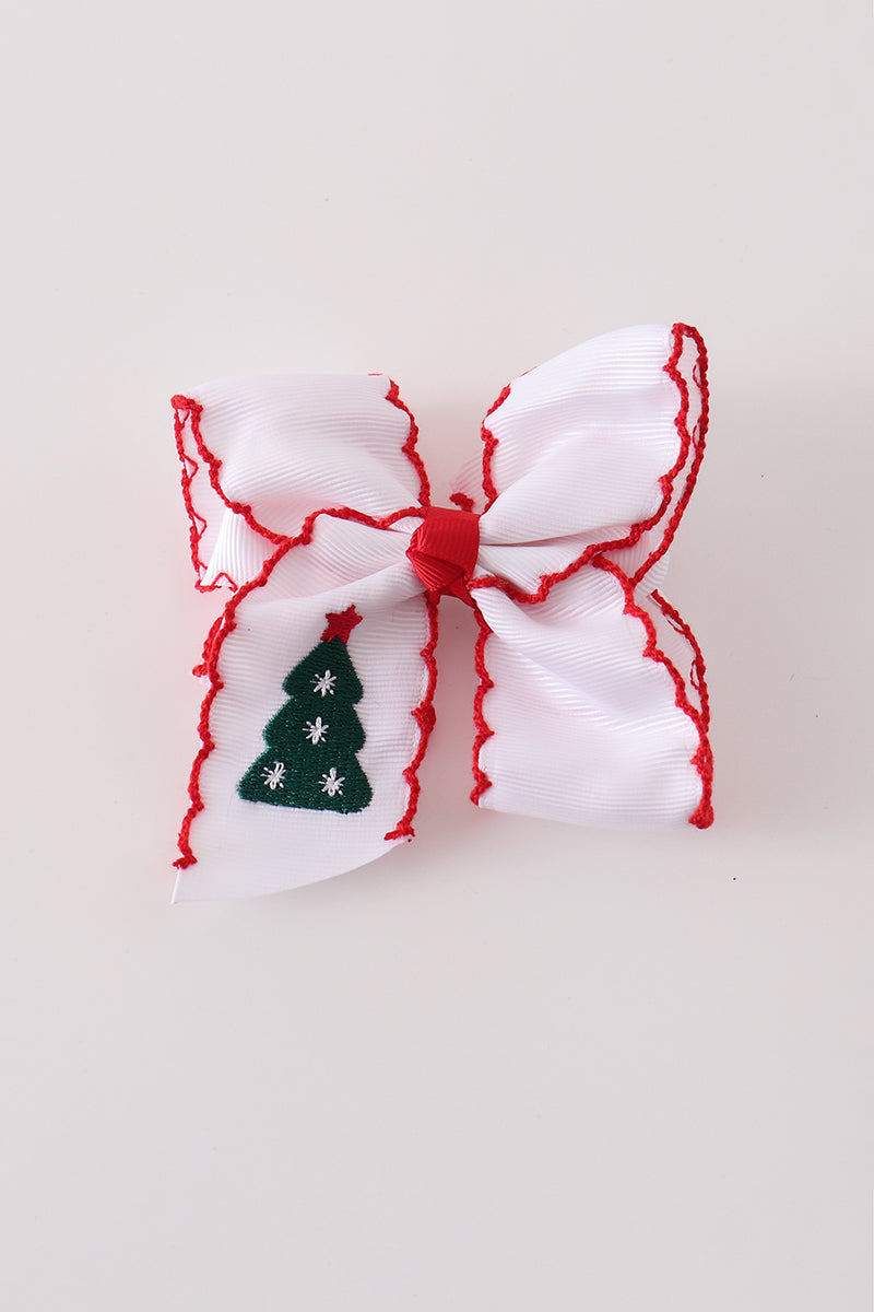 Red Christmas Tree Embroidery Crochet Edge Hair Bow
