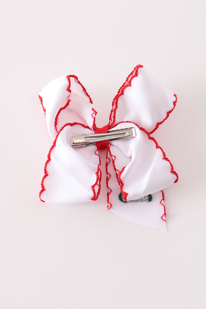 Red Christmas Tree Embroidery Crochet Edge Hair Bow