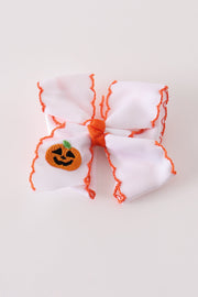 Orange Jack-o-lantern Embroidery Crochet Edge Hair Bow