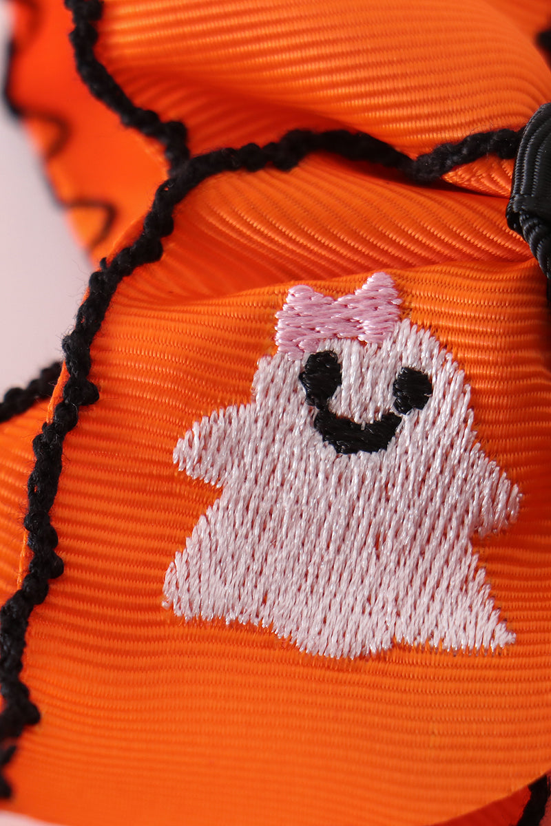 Orange Ghost Embroidery Crochet Edge Hair Bow