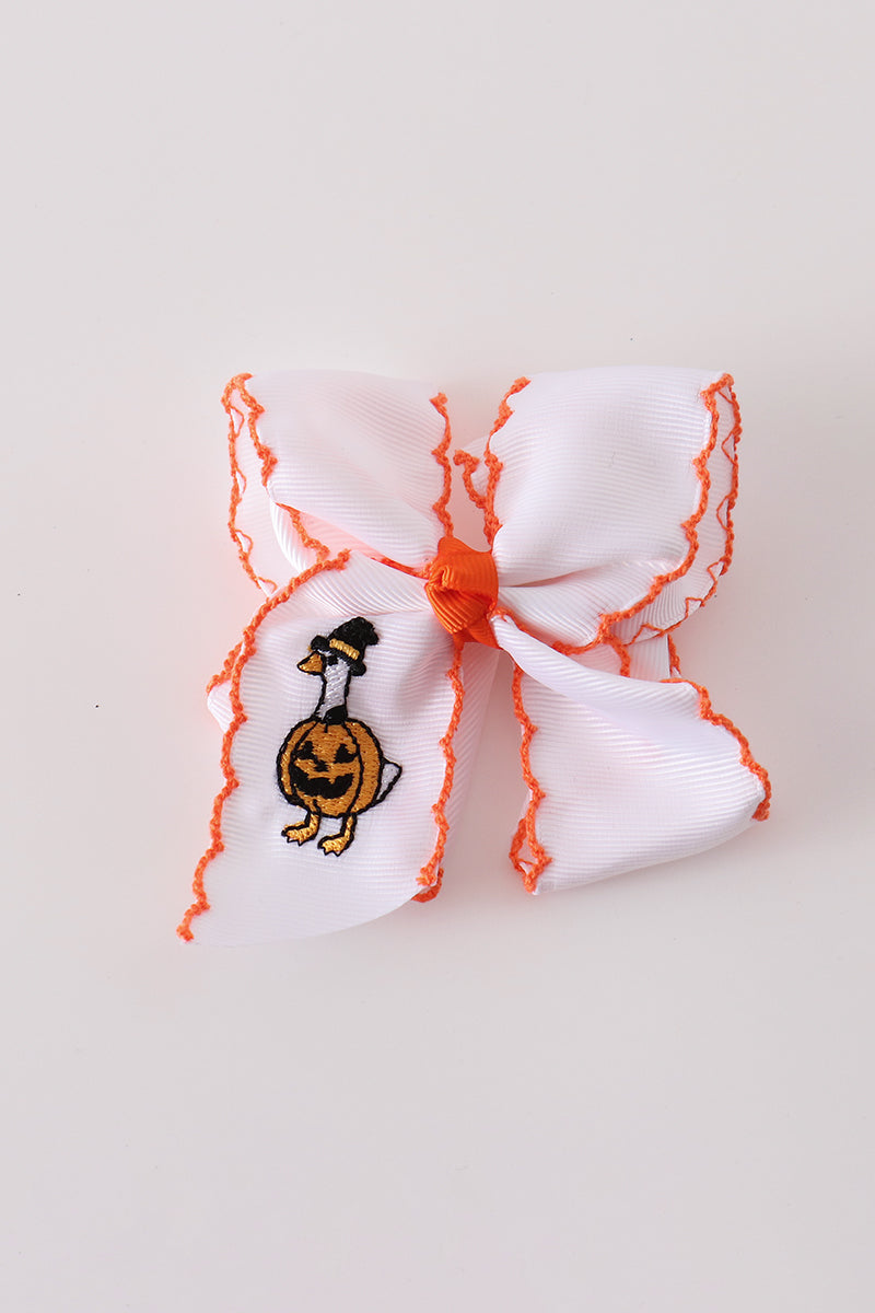 Orange Goose Pumpkin Embroidery Crochet Edge Hair Bow