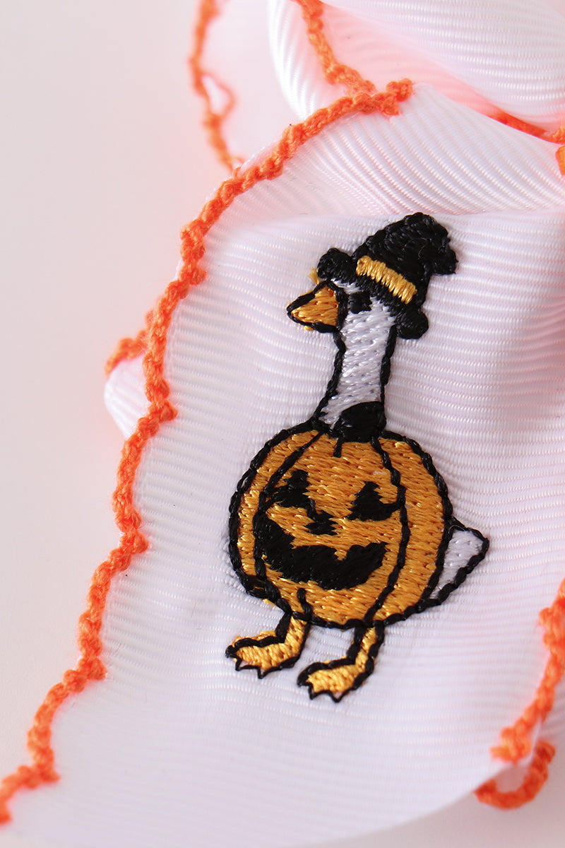 Orange Goose Pumpkin Embroidery Crochet Edge Hair Bow