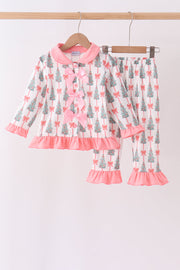 Pink Christmas Tree Bow Ruffle Pajama Set