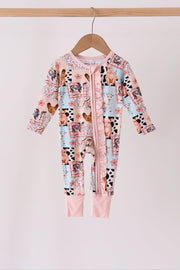 Pink Farm Animals Zip Bamboo Romper