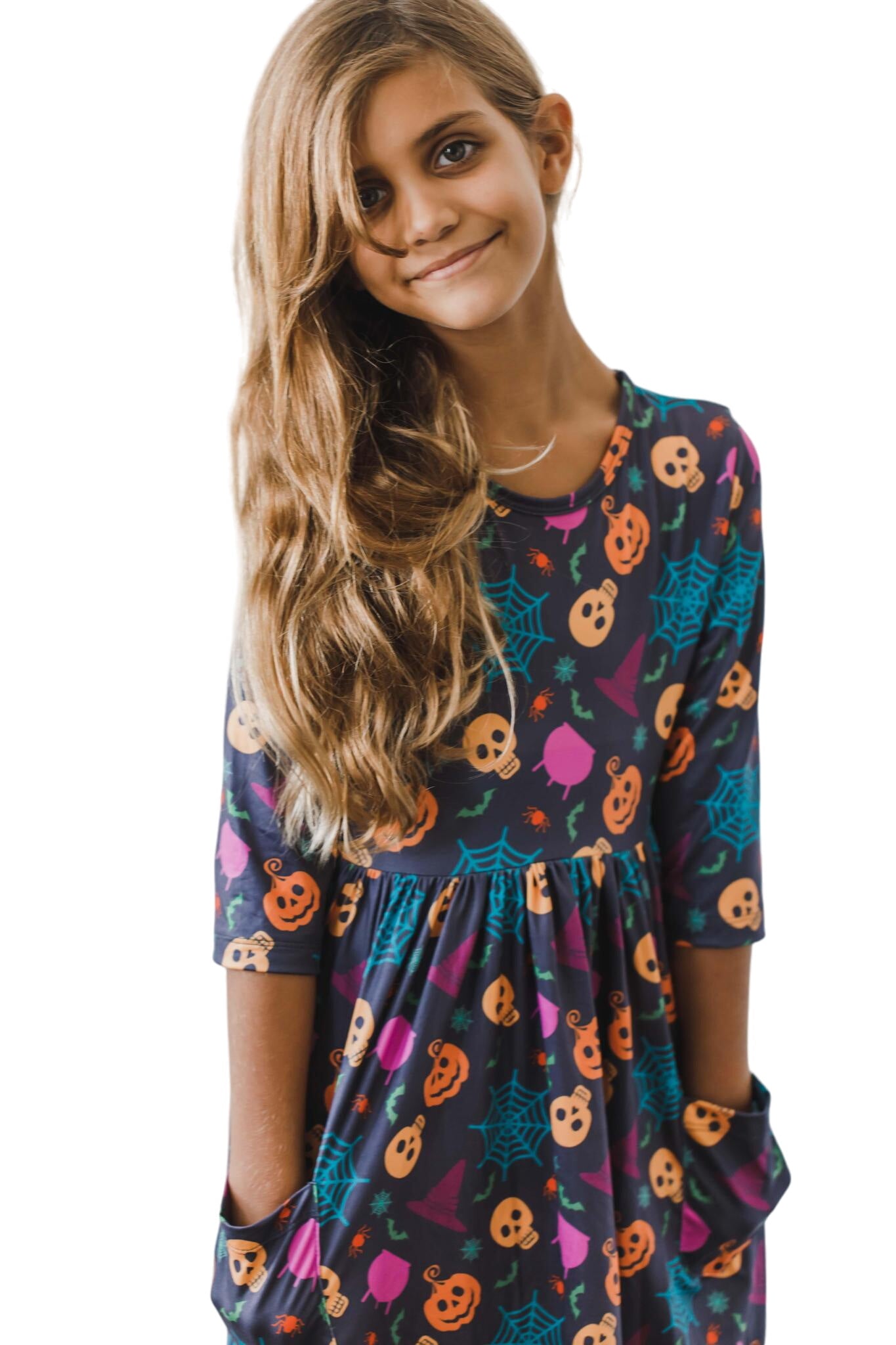 Skeleton Web 3/4 Sleeve Pocket Twirl Dress