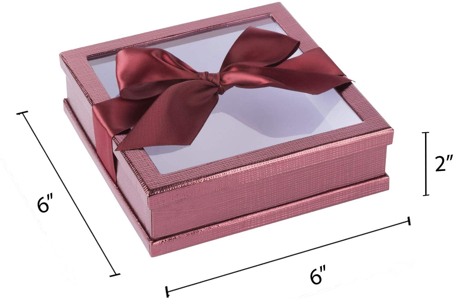 Clear Window Gift Boxes Maroon 6" X 6" X 2" 6 Pack With Ribbon