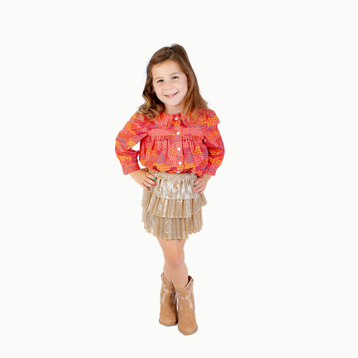 Ruffle Trim Blouse In Red Floral