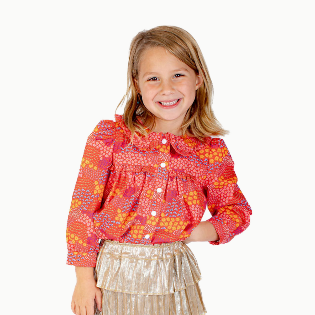 Ruffle Trim Blouse In Red Floral