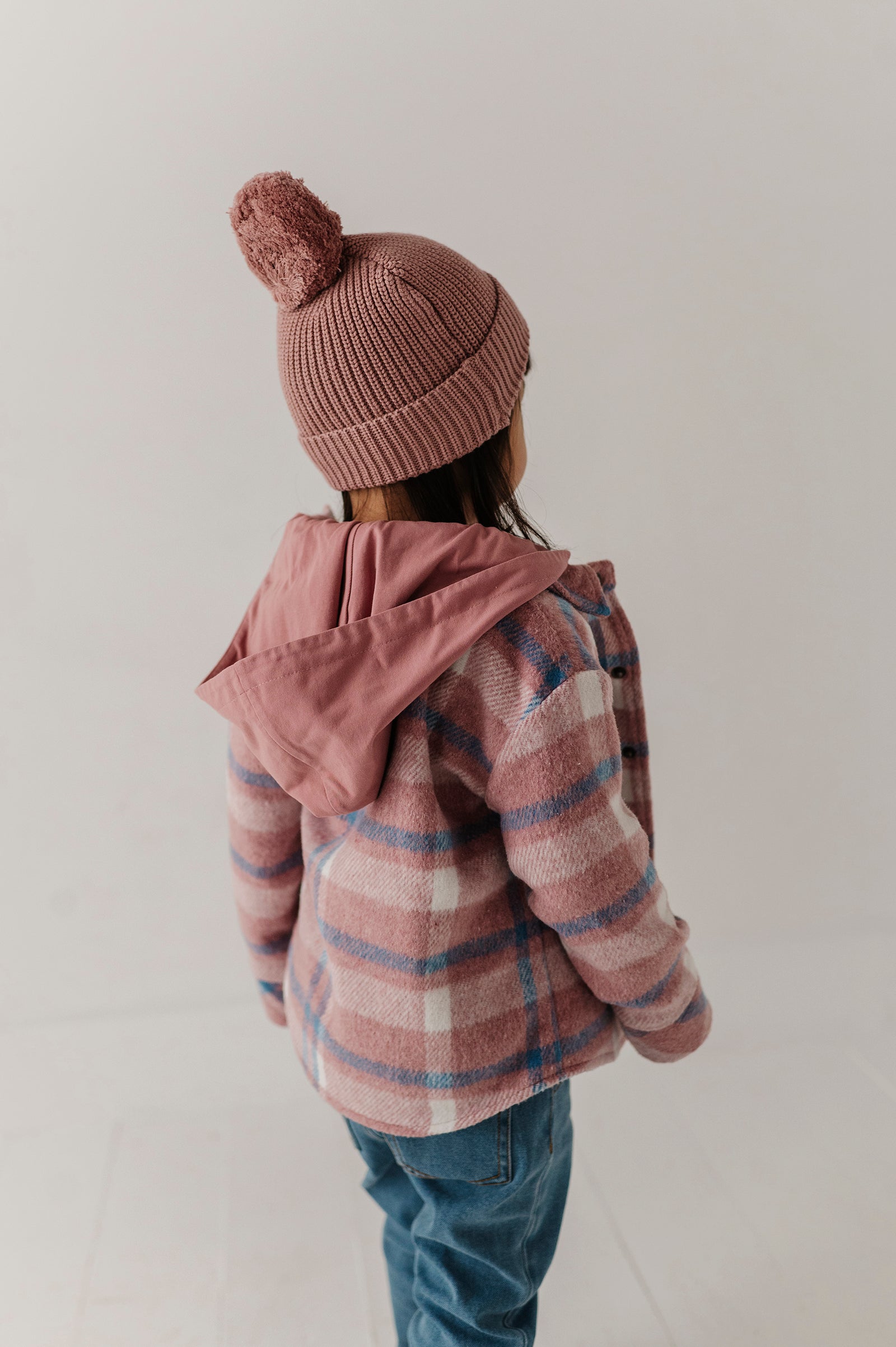 Kids Hooded Shacket In Pink Blue Plaid