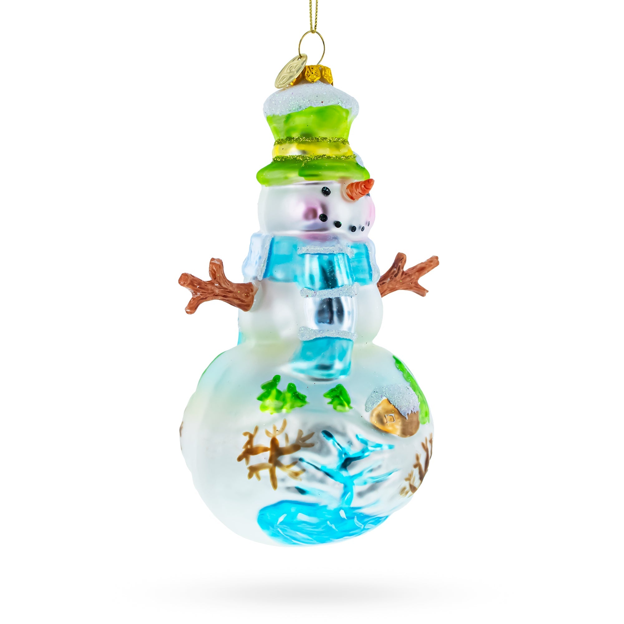 Charming Snowman With Winter Village Painting - Blown Glass Christmas Ornament