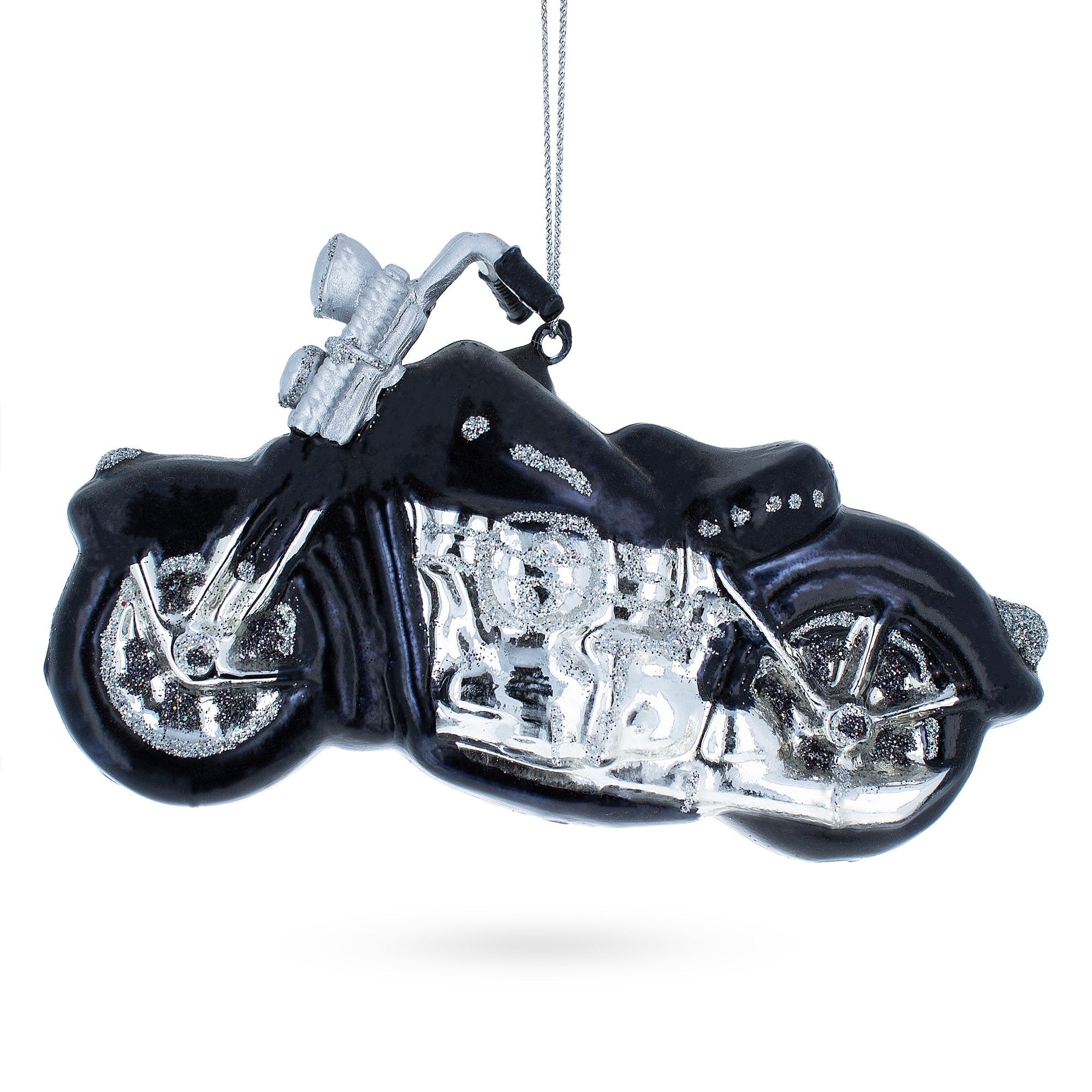 Sleek Black Motorcycle - Blown Glass Christmas Ornament