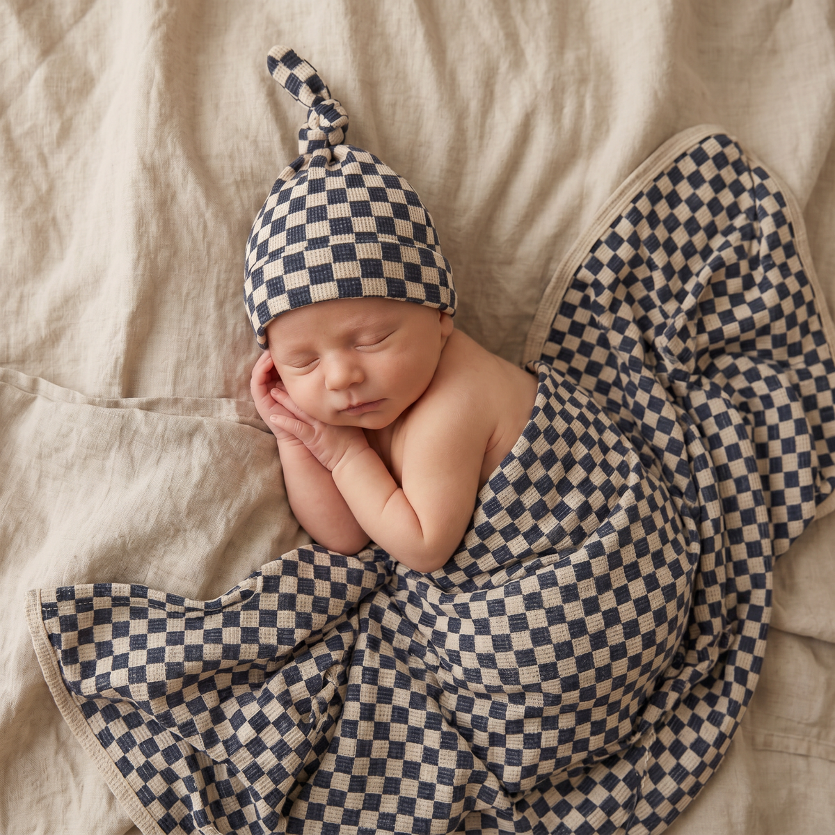 Organic Swaddle Blanket & Hat Set - Midnight Check