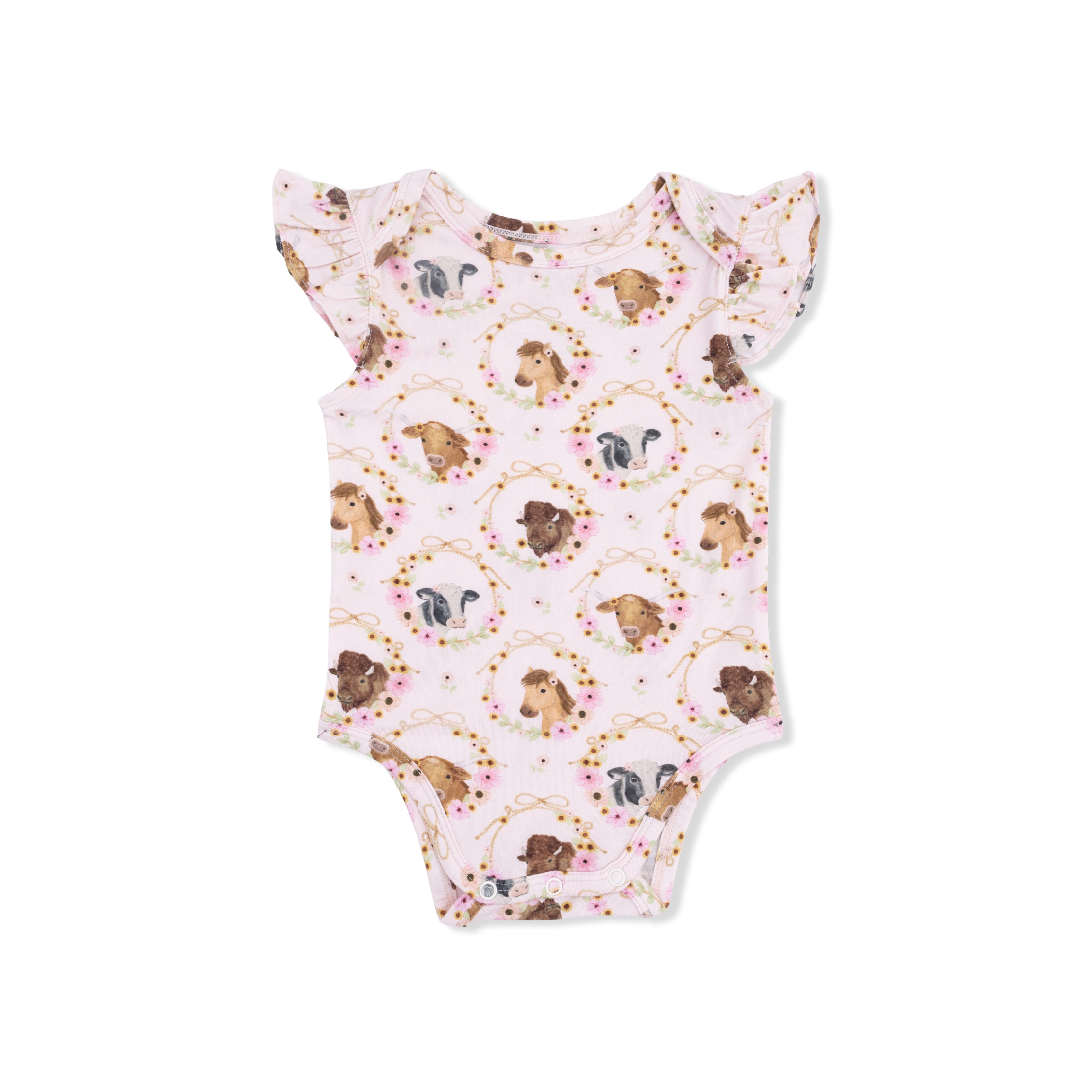 Farm Animals Floral Cameos Pink - Ruffle Sleeve Bodysuit