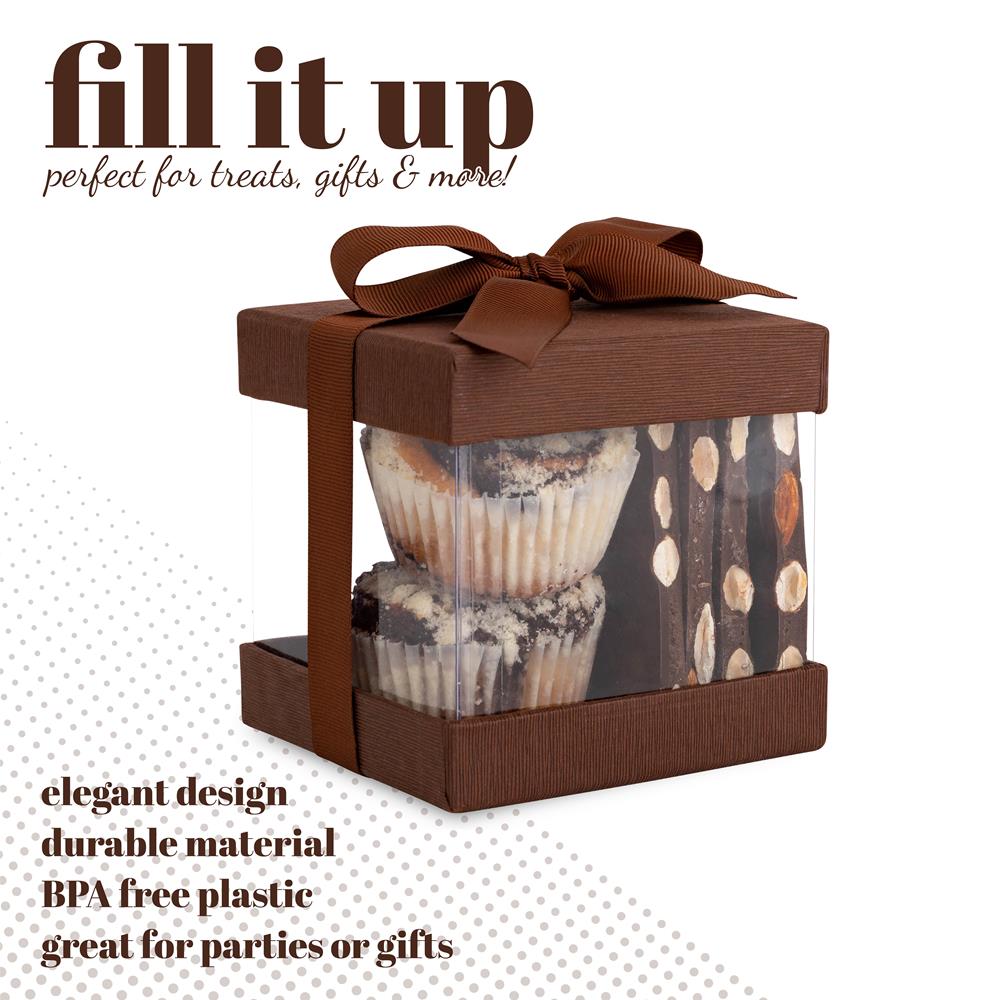 Clear Plastic Gift Boxes Brown 4x4x4" 6 Pack Bakery Boxes With Base Lid & Ribbon