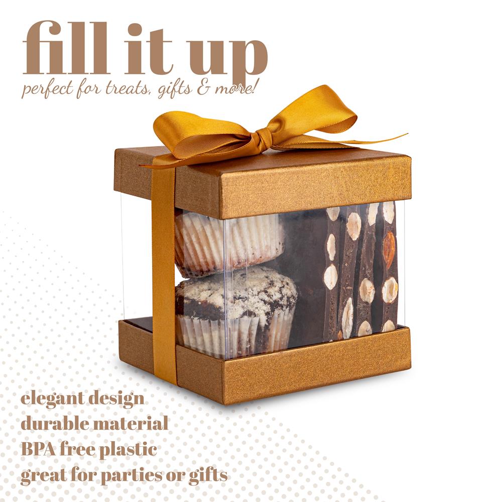 Plastic Gift Boxes Gold 4x4x4" 12 Pack Bakery Boxes With Base Lid & Ribbon