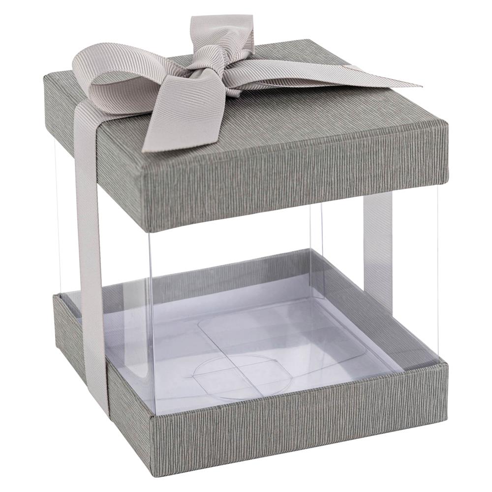 Plastic Gift Boxes Gray 4x4x4" 6 Pack Bakery Boxes With Base Lid & Ribbon