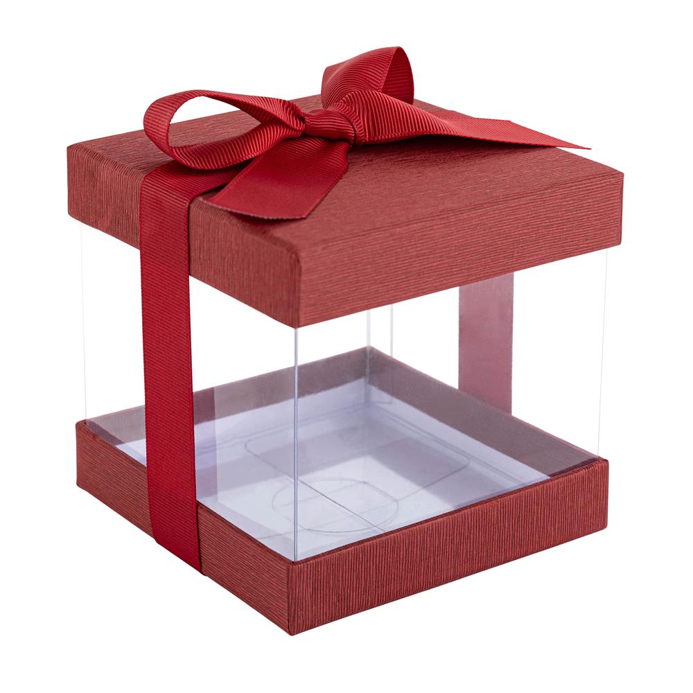 Clear Plastic Gift Boxes 12 Pack Maroon 4x4x4" Bakery Boxes With Base Lid & Ribbon