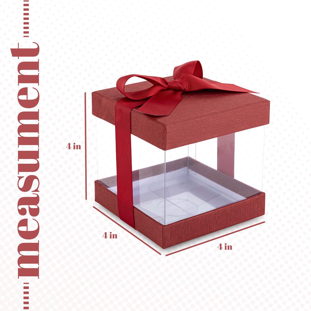 Clear Plastic Gift Boxes 12 Pack Maroon 4x4x4" Bakery Boxes With Base Lid & Ribbon