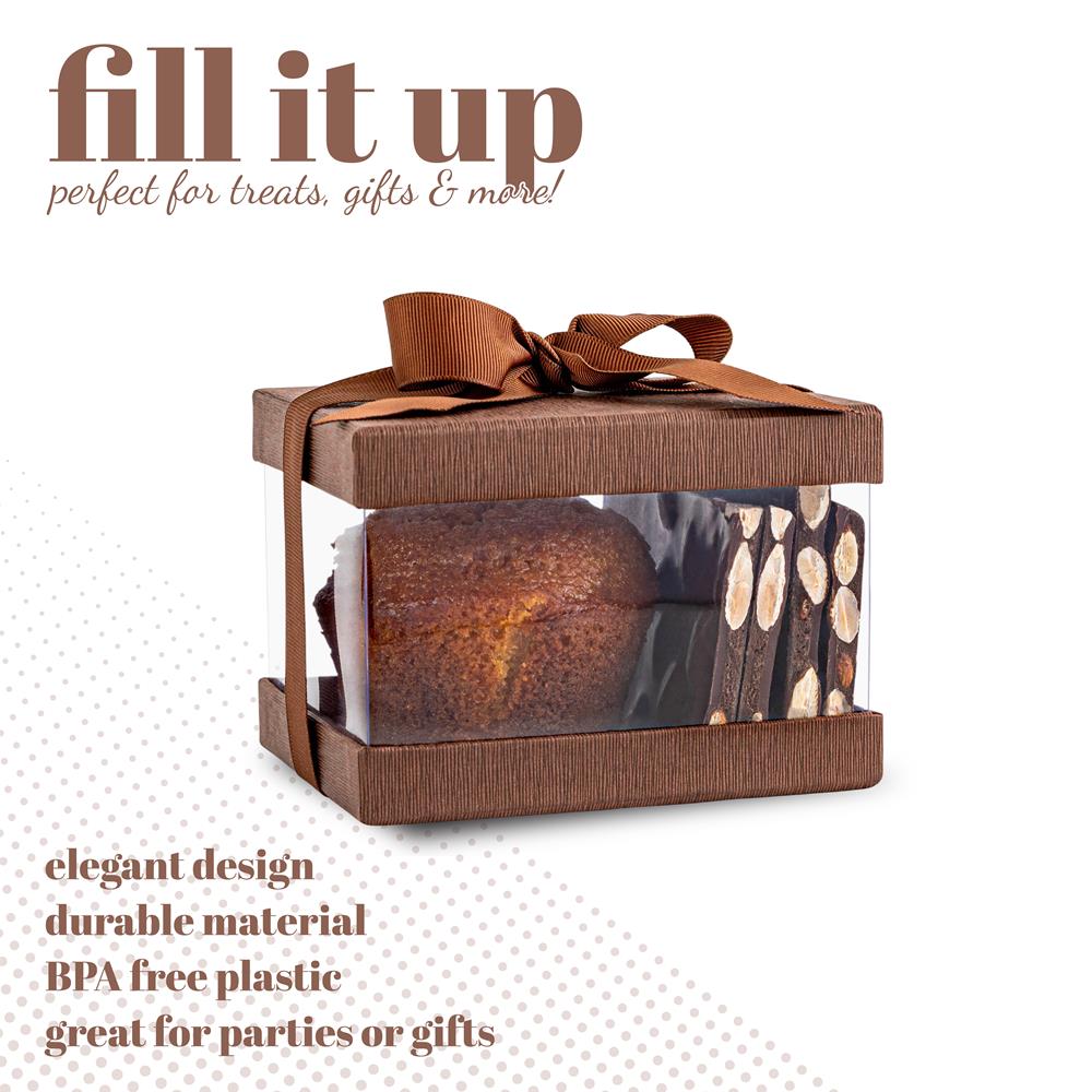 Plastic Gift Boxes Brown 5x4x3.5" 6 Pack Bakery Boxes With Base Lid & Ribbon