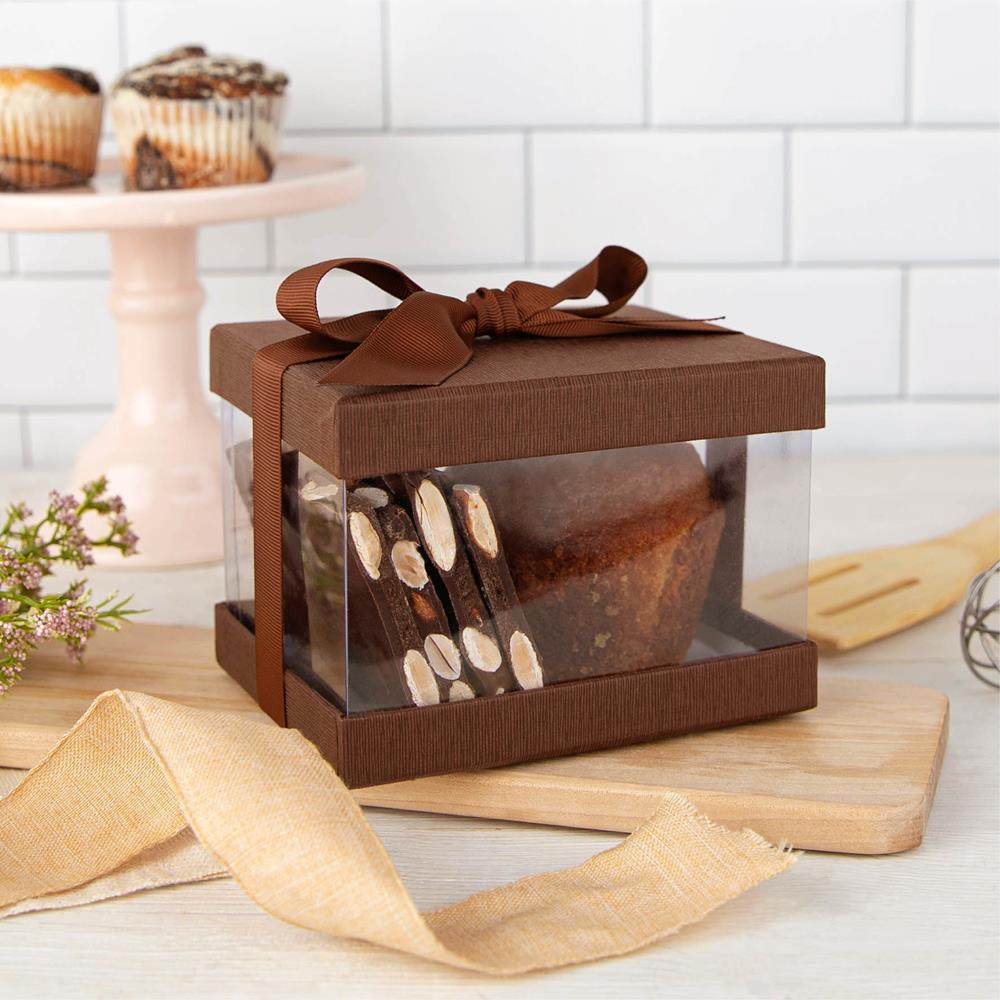 Plastic Gift Boxes Brown 5x4x3.5" 6 Pack Bakery Boxes With Base Lid & Ribbon