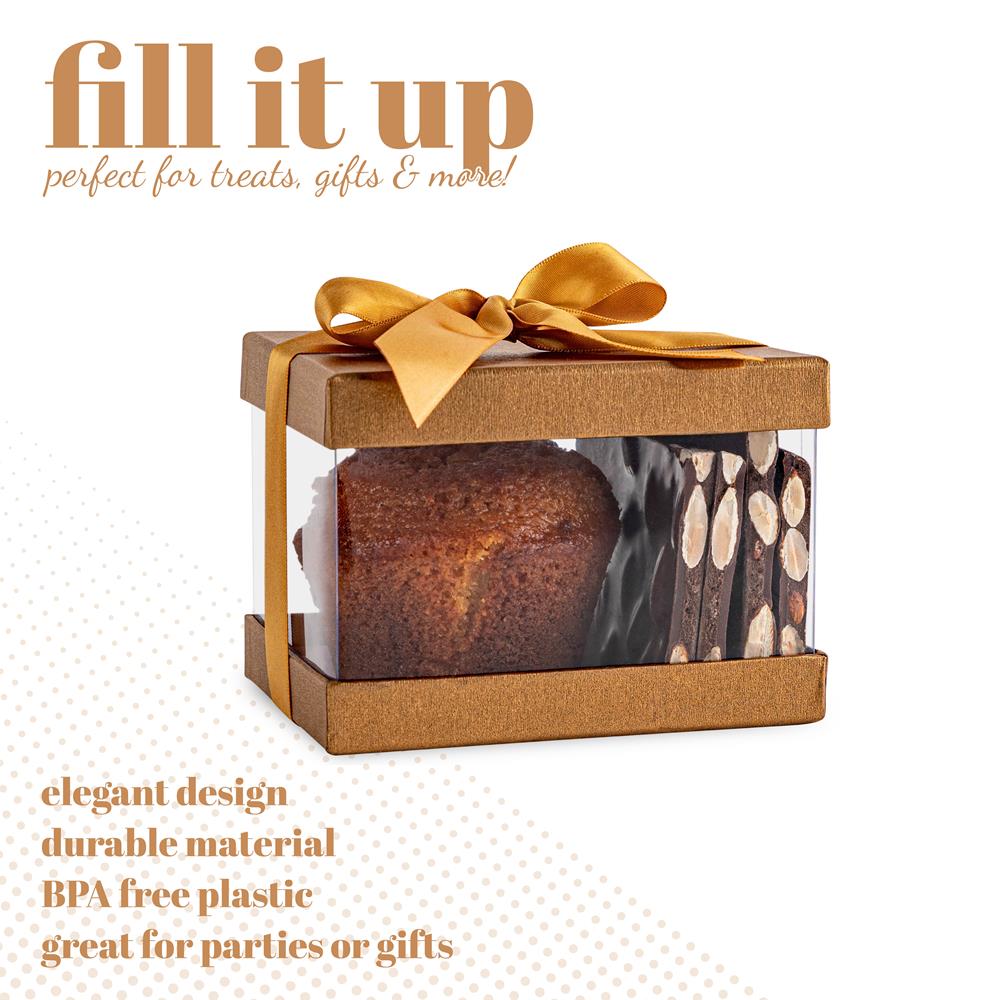 Plastic Gift Boxes Gold 5x4x3.5" 6 Pack Bakery Boxes With Base Lid & Ribbon