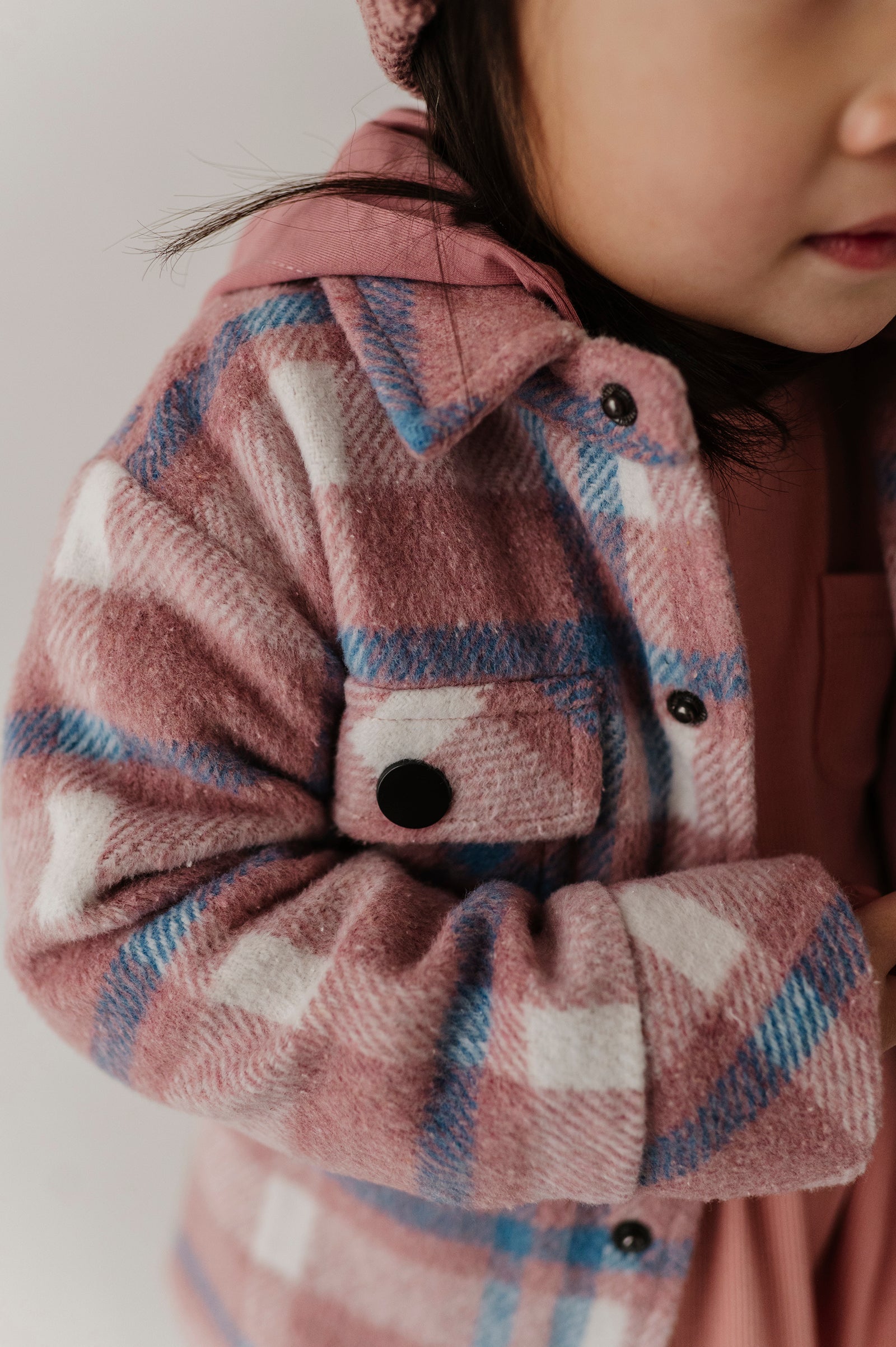 Kids Hooded Shacket In Pink Blue Plaid