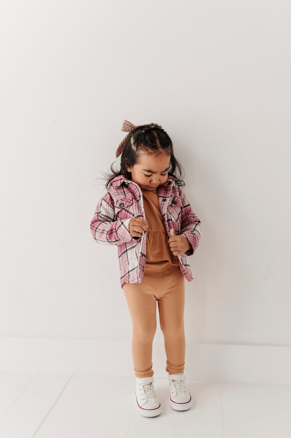 Kids Hooded Shacket In Magenta Plaid