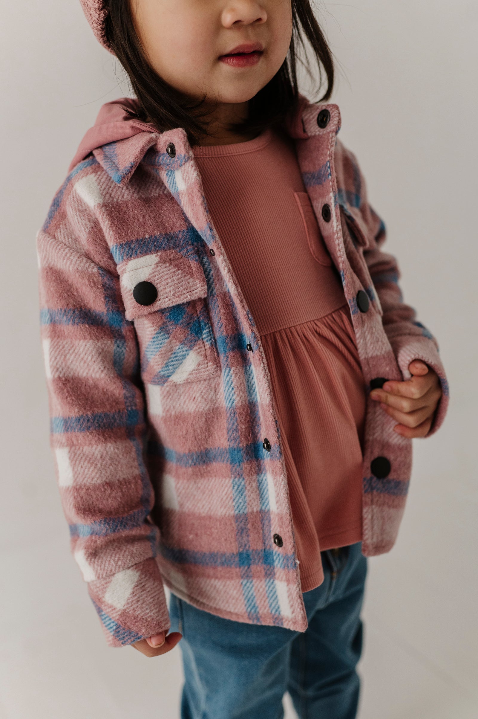 Kids Hooded Shacket In Pink Blue Plaid