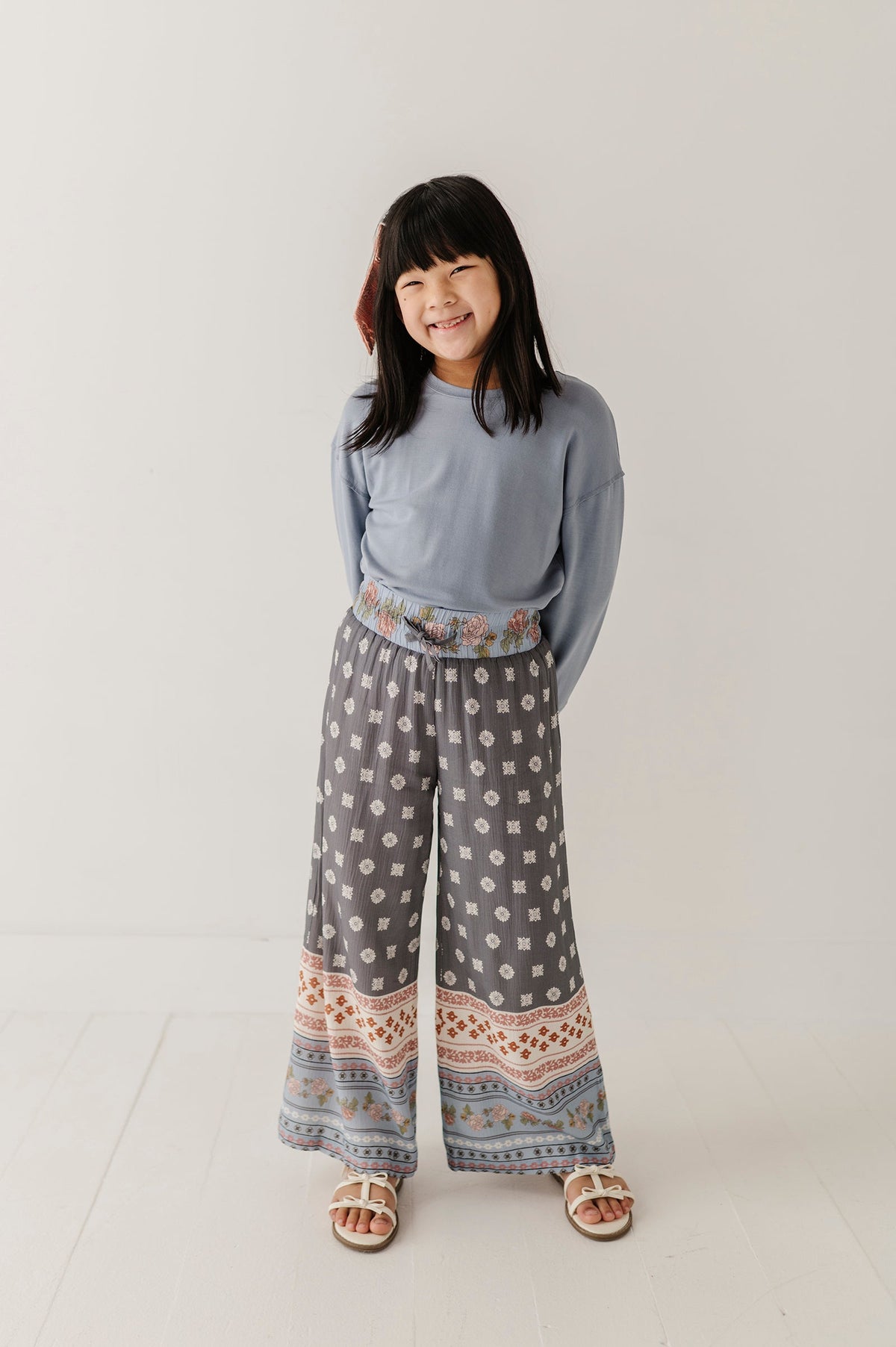 Girls Boho Wide Leg Flowy Pants In Border Print