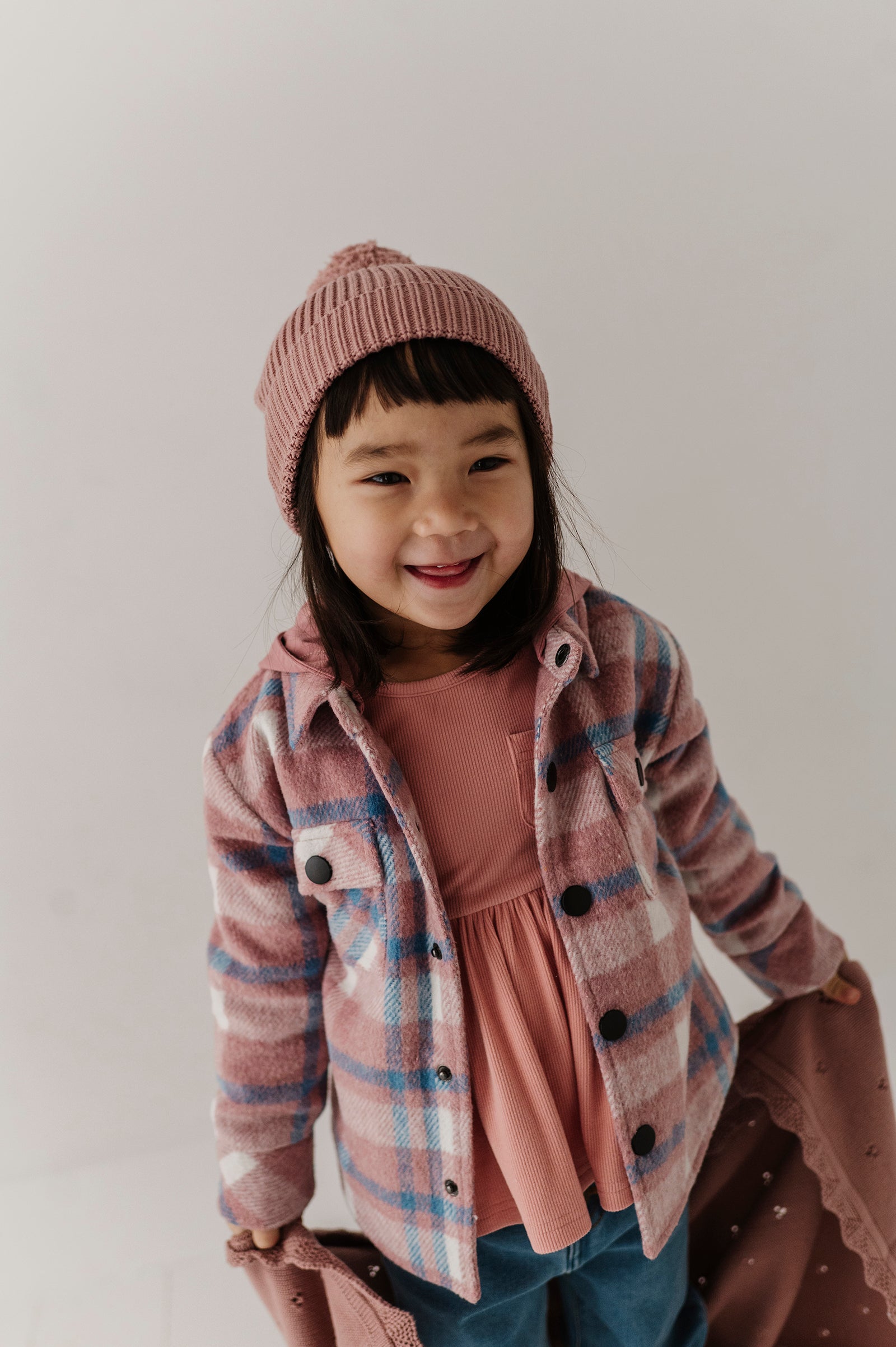 Kids Hooded Shacket In Pink Blue Plaid