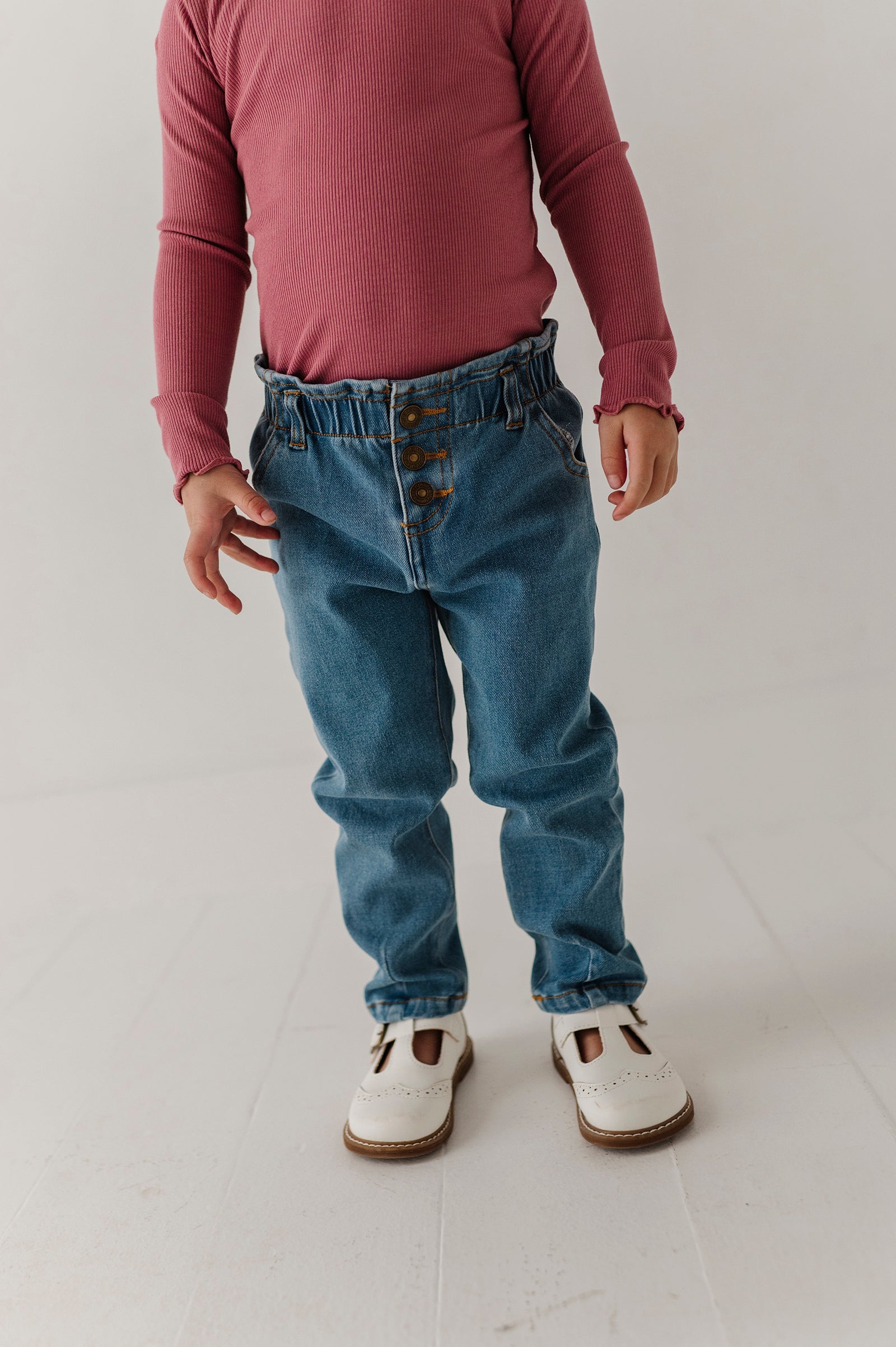 Girls Paperbag Denim Pants In Mid Blue Wash