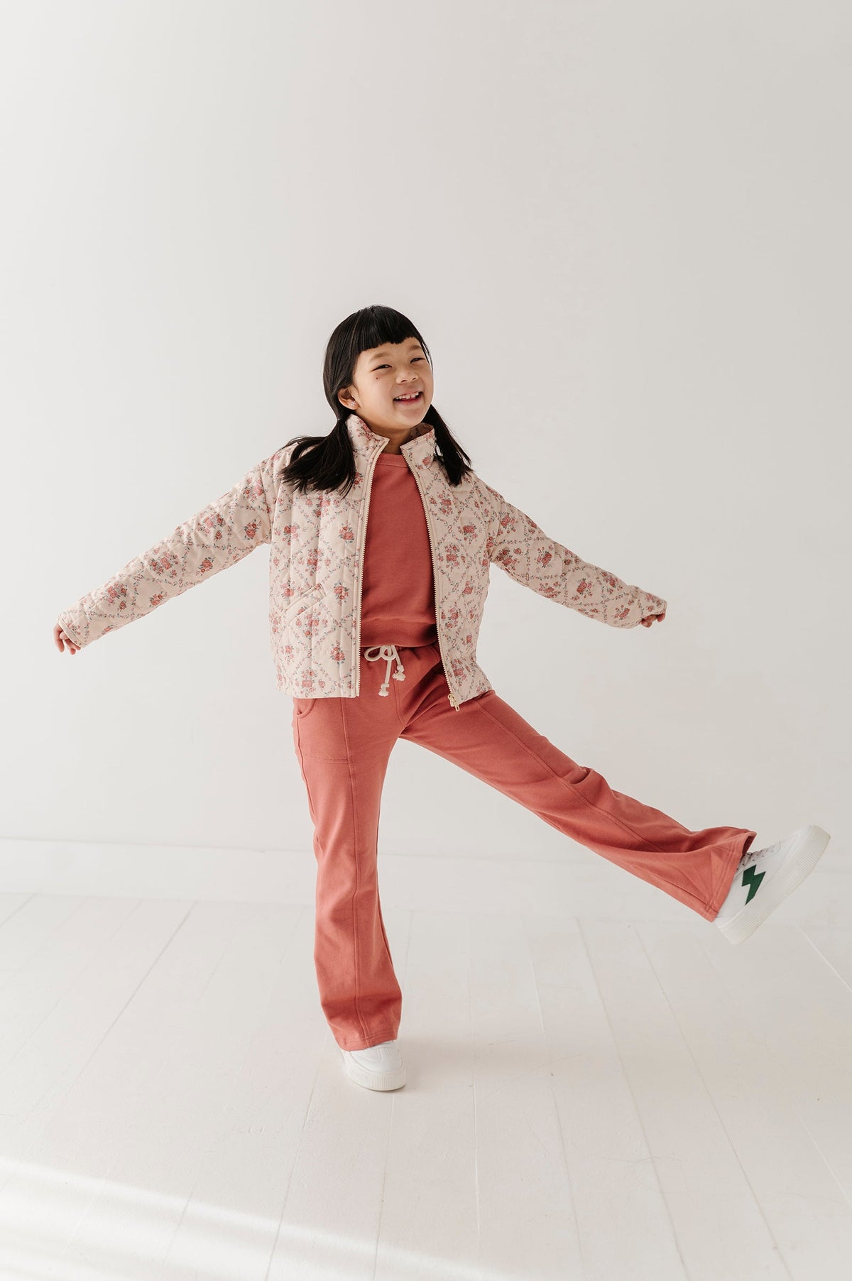 Girls Quilted Floral Bomber Jacket In Easton Diamond Rose