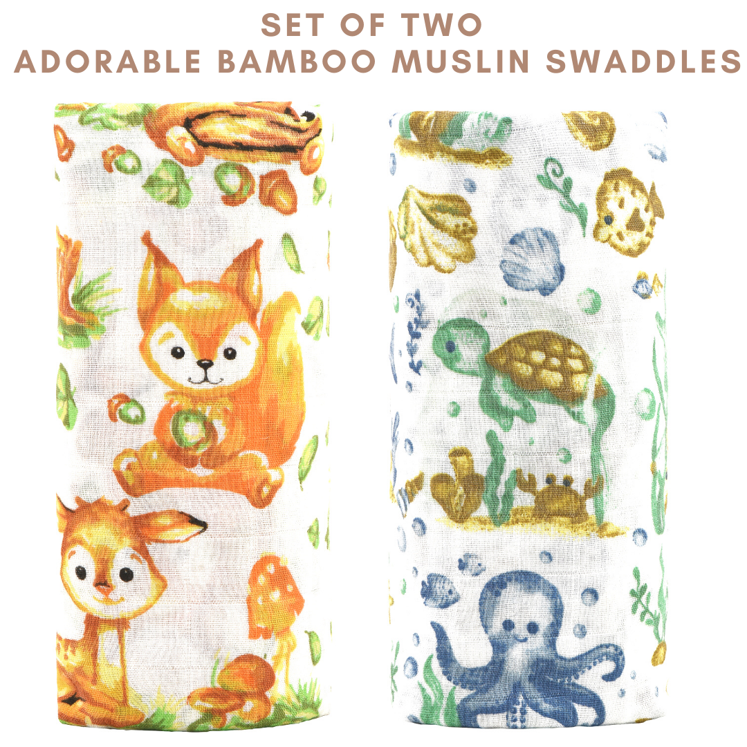Bamboo Viscose Muslin Swaddle Blanket Set Of 2, Ocean Life And Woodland Print