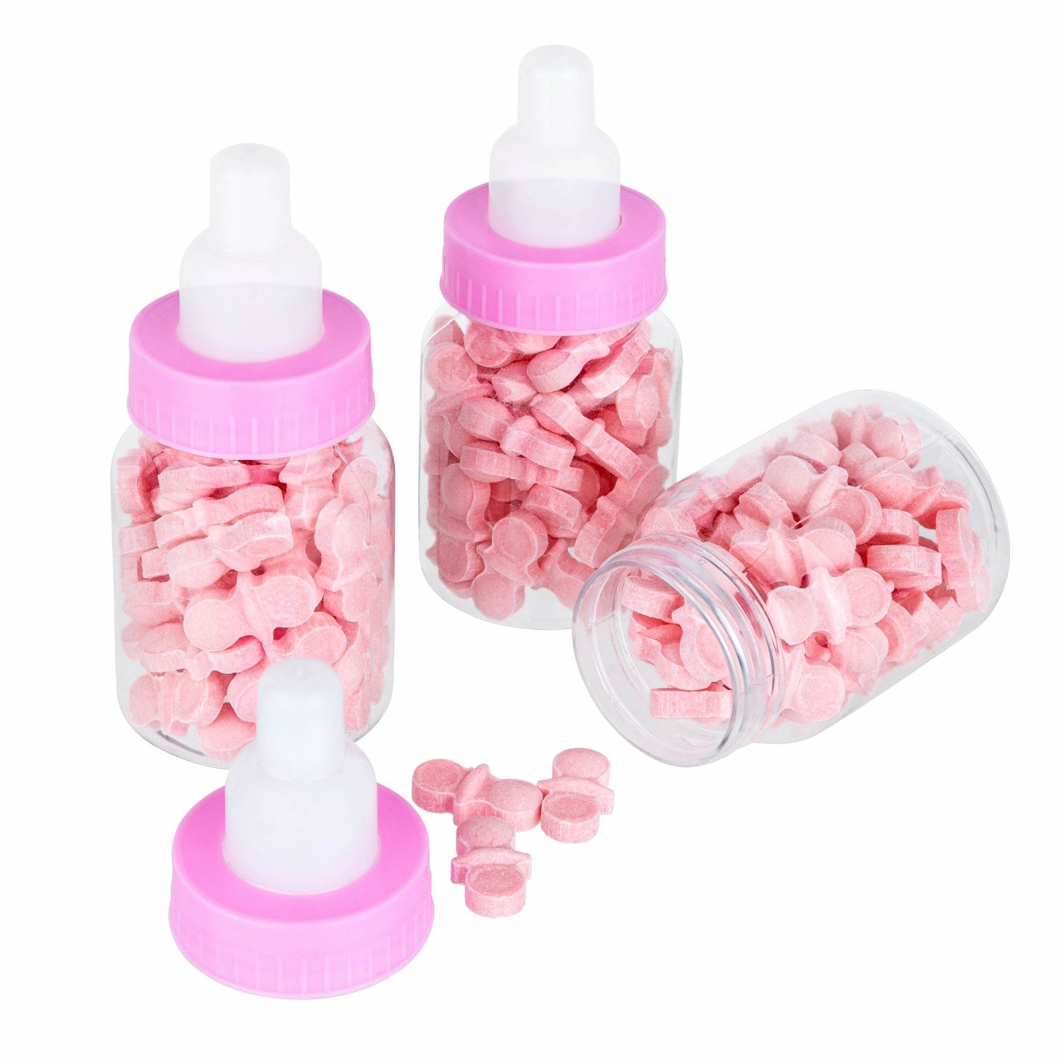 Pink Baby Girl Bottle Shaped Acrylic Candy Boxes 72 Pack 1.5"x3.5"