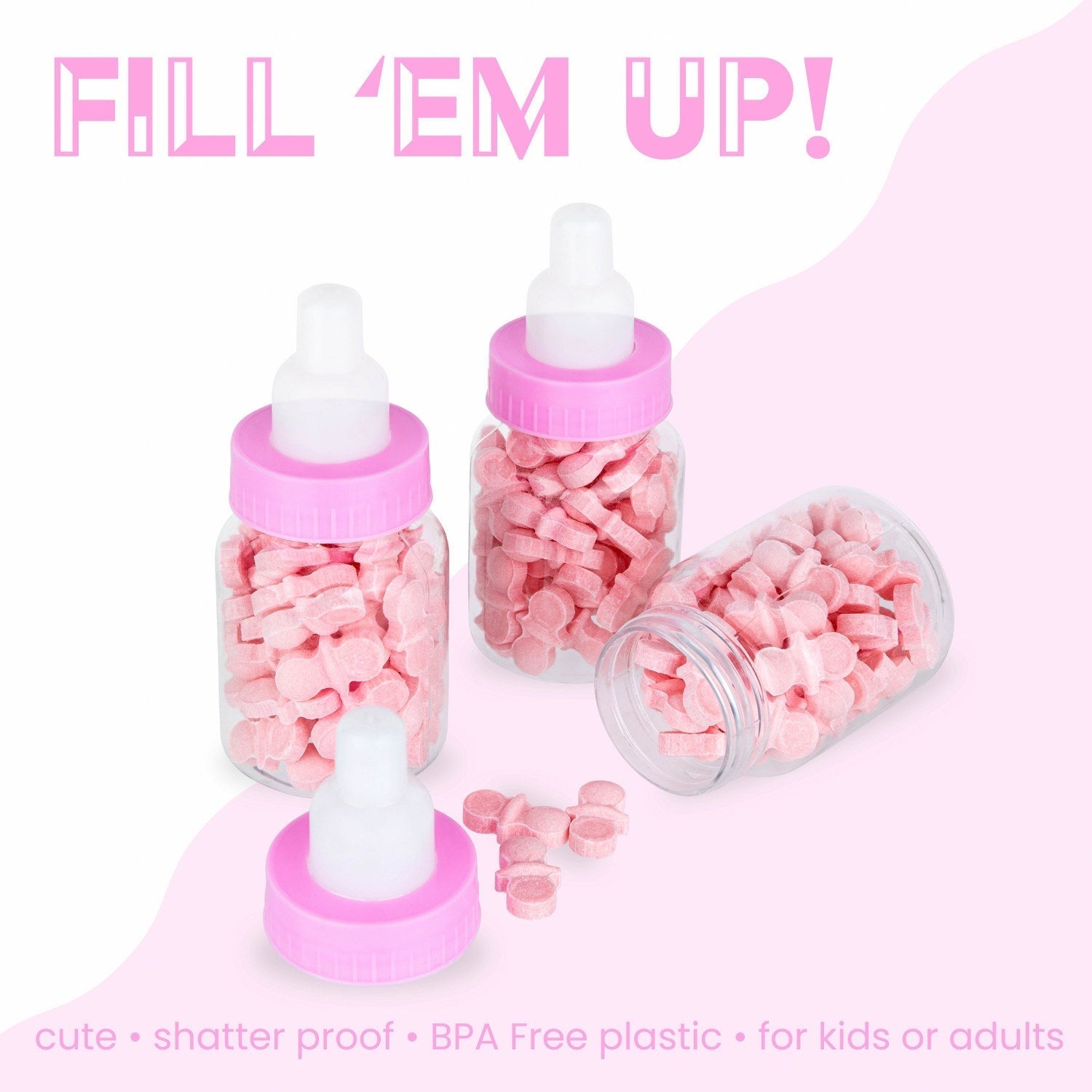 Pink Baby Girl Bottle Shaped Acrylic Candy Boxes 72 Pack 1.5"x3.5"