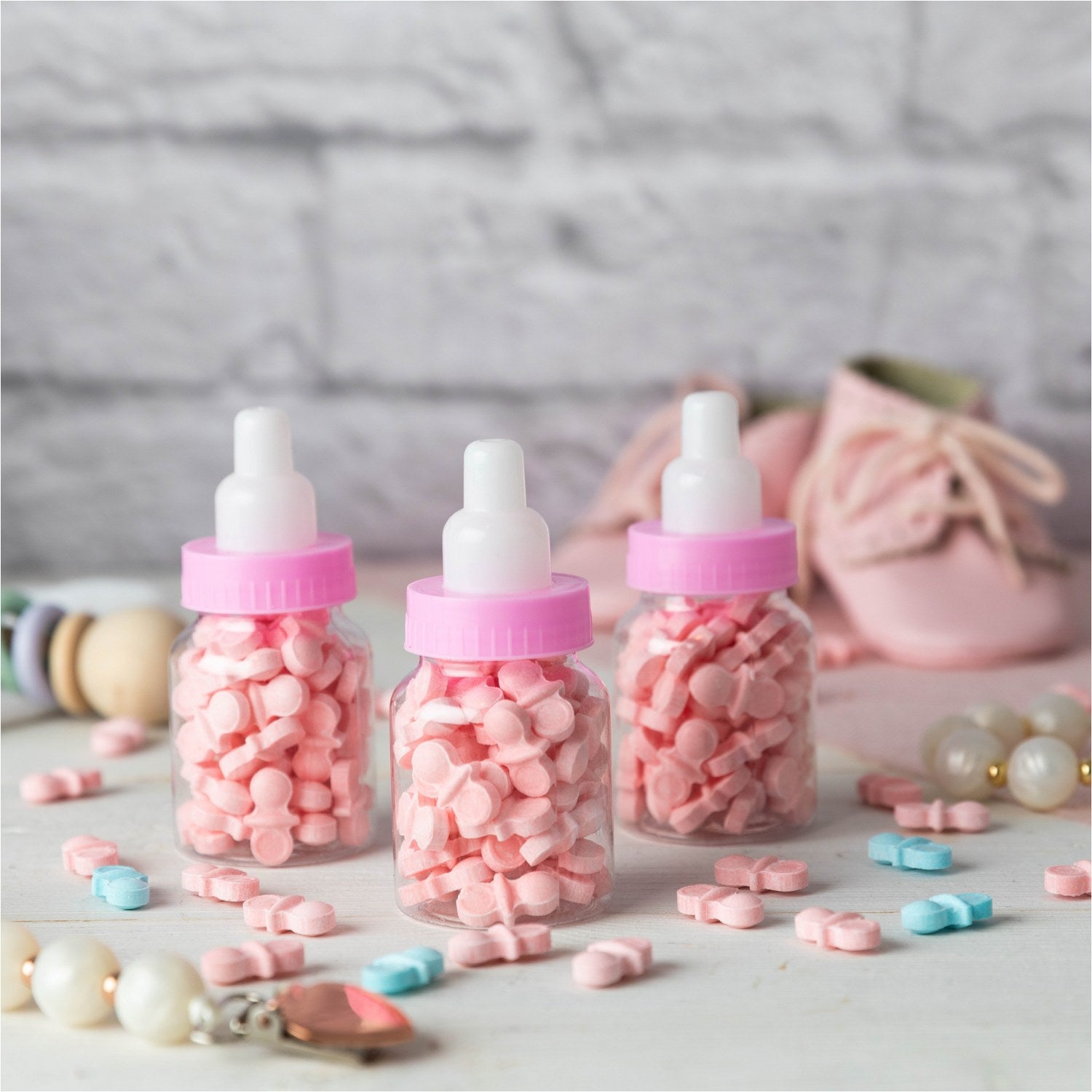 Pink Baby Girl Bottle Shaped Acrylic Candy Boxes 72 Pack 1.5"x3.5"