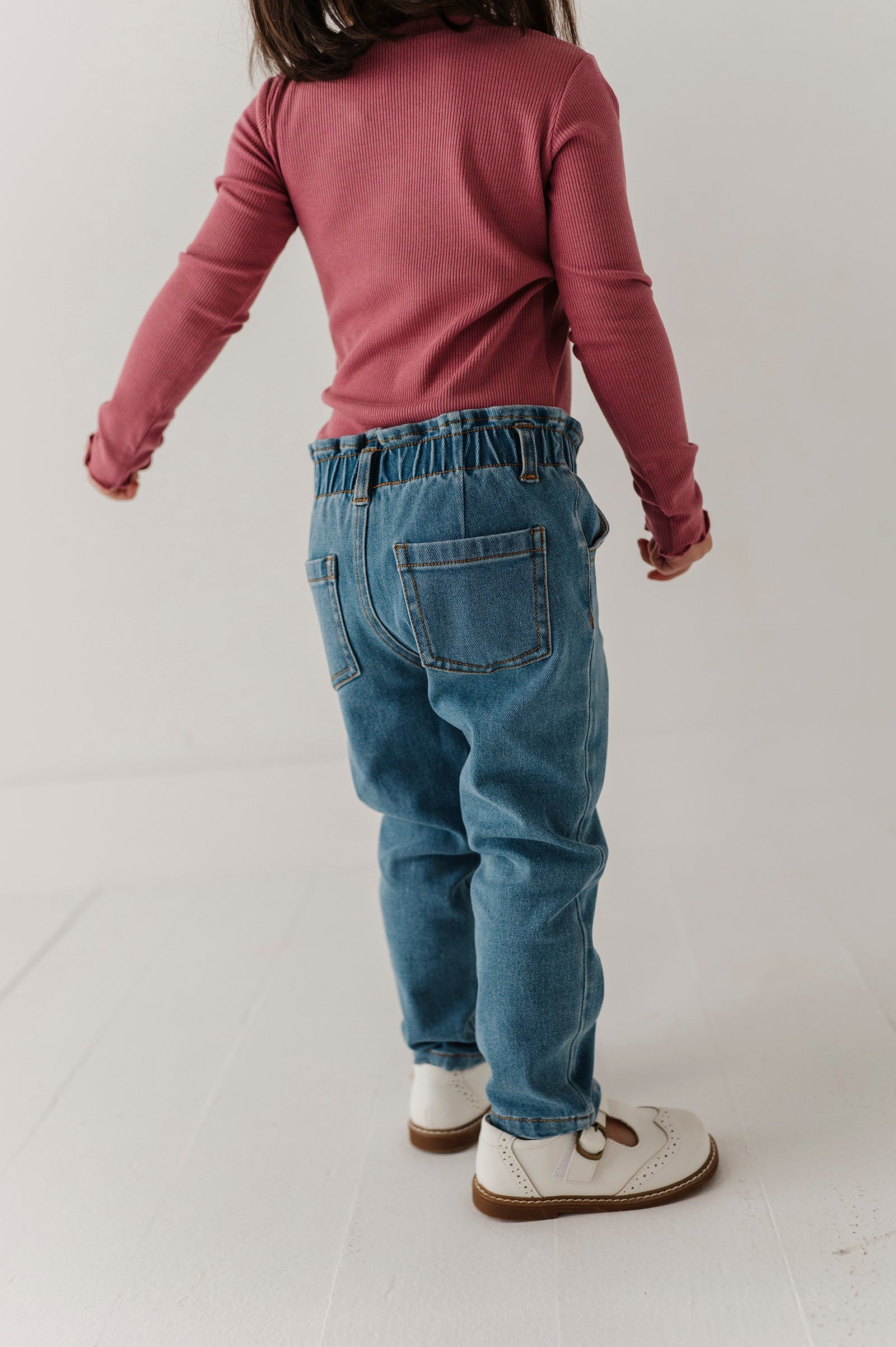 Girls Paperbag Denim Pants In Mid Blue Wash
