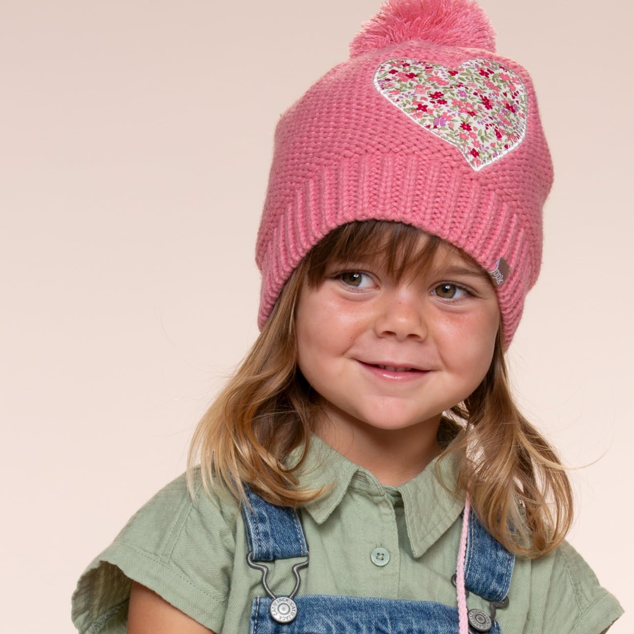 Girls Knit Pompom Beanie With Floral Heart Applique, Soft Fleece-lined, Unique, Stylish Design, Premium Quality (kids 1-6 Years)