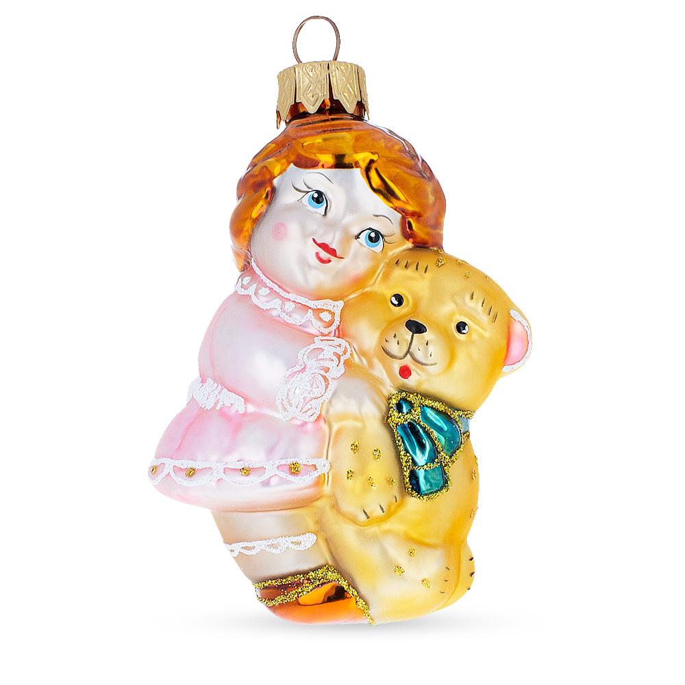 Girl With Teddy Bear Glass Christmas Ornament